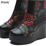 2022 New Women Boots Genuine Leather Women Shoes Round Toe Winter Wedges Handmade Leisure Ankle Platform