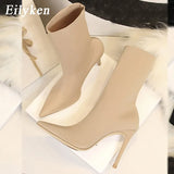 2022 Spring Fashion Stretch Fabric Women Boots Pointed Toe Ankle Boots High heels Shoes Autumn Winter Female Socks