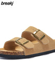 New Summer Beach Holiday Women Cork Slipper Casual Buckle Non-slip Outside Nubuck Leather Slides