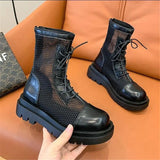 Mesh Boots Women Fashion Lace Up Ankle Boots Woman Shoes Black Sandals Hollow Breathable Zipper Socks Boots Square