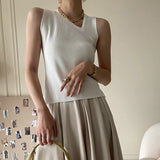 Slim Tank Tops For Women Skew Collar Sleeveless Solid Minimalist Knitting Vests Female Clothing Style 2022