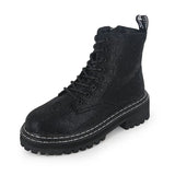 Newest Winter Women Pumps Dress Martin Boots Platform Fashion Rhinestone Lace Up Round Toe Mid Heels Snow Botas Women