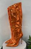 Women's High Boots Gold Silver Pointed Toe Knee-high Boots For Woman Sexy High Heels Party Shoes Ladies Stiletto botas