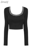 Slim Crop Tops Woman Casual Korean Style Pullover Pure Color 2023 Autumn Long Sleeve Knitted Short T-shirt Female
