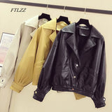 Spring Women White Black Yellow Turndown Collar Single Breasted Biker Jacket Faux Leather Vintage Short Motor