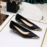 Breakj Retro Banquet Women's Shoes Show Thin Heel Middle Heel Shallow Metal Pointed Iron Head Snake Grain Single