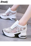 Flower Embroidered Mesh Breathable Ladies Wedge Platform Sneakers High Heels Lace-Up Shoes Comfortable Height