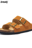 New Summer Beach Holiday Women Cork Slipper Casual Buckle Non-slip Outside Nubuck Leather Slides