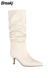 Women Mid-Calf Boots Sexy Solid Color Leather Folds Boots Pointed Toe Thin Heels Stiletto Party Shoes Large Size
