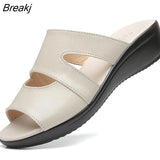 Women Slippers Shoes Genuine Leather Casual Slides Women Summer Shoes Retro Solid Mother Shoes Wedges Flip Flops Size