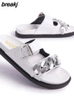 Summer Women Metal Chains Slipper Open Toe Runway Ladies Green Black White Med Heel Slides Shoes Peep Toe