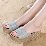 Gold Silver Sequins Wedges Slippers for Women 2023 Summer Open Toe Platform Sandals Woman High Heels Slides Ladies