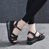 Breakj Women's Slope Heels Cross-Woven Buckle Fashion Loose Cake Sandals Inside The Height Heel Casual Large-Size