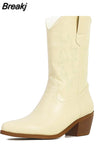 Women's Western Boots 2023 Autumn Winter Fashion Chunky Heeled Cowboy Boots Vintage Style Country Western Cowgirl White