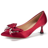Rhinestone Bowknot Black Pumps for Women Pointed Toe Silk Stiletto Pumps Shoes Woman Satin Wedding Bride Shoes