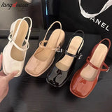 Heels Mary Jane Sandals Women 2023 Summer Red Patent Leather Slingbacks Pumps Woman Square Toe Thick Heeled Shoes