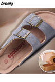 New Summer Men Beach Suede Cork Slipper Couple Shoe Casual Nubuck Leather Women Outdoor Double Buckle Slide