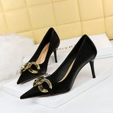 Breakj Fashion Banquet Women's Shoes Heel High Heel Shallow Pointed Big Metal Buckle Single Shoes High