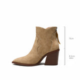 Sale Leather Western Ankle Boots Women Point Toe Square Heels Short Boots Autumn Winter Cowboy Knight Boots Woman