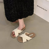 Breakj New Retro Weaving Flat Shoes Pure Color Round Head Wearing Sandals Daily Casual Fashion Commuting Slippers