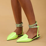 Rhinestone Strappy Sandals Women Summer Pointed Toe Mules Sandals Woman Plus Size Flats Ladies Ankle Wrap Party