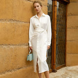 White Elegant Shirt Dress For Women Lapel Long Sleeve High Waist Lace Up Slim Midi Dresses Female 2021 Fashion