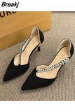 New Fashion Women Pointed Toe Dress Rhinestone Wedding Party Pumps Black Suede Sandal Crystal Embellished High Heels