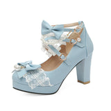 Lolita Japanese Pearl Bow Jk Sweet Cute Strap Super High Heeled Round Head Student Shoes Kawaii Girl Tea Party Cos Loli
