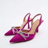 Women Slingback Sandals Crystal Bowknot Thin High Heel Pumps Shoes Ladies Elegant Shallow Pointed Toe Mules Slip on Party