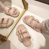 Slippers Female 2024 Autumn / Winter New Korean Version Of Fashion Color Stitching Soft Wool And Velvet Belt Buckle
