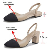 Low Heels Real Leather Slingbacks Shoes Women Square Toe Pumps Thick Heel Shoes Brand Design Lady Footwear 2021 Size