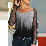 Lady Fashion Tie Dye Print Shirt Spring Autumn Net Yarn Sleeve Splicing Blouses Tops Women Elegant Round Neck Slim Tops