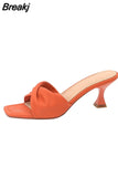 Heels Slippers Women Summer Shoes Slides Low Fashion Heeled Mules Pantofle Luxury High 2023 Basic Retro Fabric Rubber