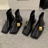 Women Ankle Boots Designer Square Toe Leather Shoes New Chunky Heels Zipper Fad Brand Motorcycle Goth Snow Botas De