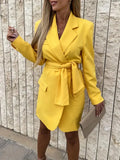 Women Spring New Suit Collar Long Sleeve Dress Elegant Solid Color Lace-Up Slim Waist Dress 2022 Chic A-Line Dress Party