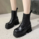 Women's Ankle Boots Zip Lace Up Square Toe Ladies Boots Thick Bottom Non-slip High Heels Female Shoes Winter Footwear