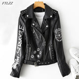 New Spring Autumn Women Graffiti Print Pu Faux Leather Jacket with Belt Streetwear Female Moto Biker Rivet Coat