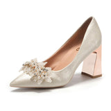 Women's Pearls High Heels Pumps 2024 Elegant Silk Thin Heeled Wedding Shoes Woman Slip On Pointed Toe Party Dress