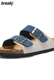 New Summer Beach Holiday Women Cork Slipper Casual Buckle Non-slip Outside Nubuck Leather Slides