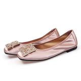 Spring Ballet Flats Shoes Women Soft PU Leather Crystal Slip On Boat Shoes Fashion Square Toe Rhinestone Ballerinas