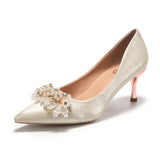 Women's Pearls High Heels Pumps 2024 Elegant Silk Thin Heeled Wedding Shoes Woman Slip On Pointed Toe Party Dress