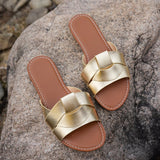 Breakj Summer New Wearing Cold Slippers Women's Fashion Leather One-Word Drag Summer Flat Beach Comfortable