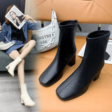 2023 New Thick Heel High Heel Single Boots Women's British Wind Square Head Rear Zipper Black Simple 44 Plus Size Ankle