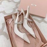 Heels Female 2023 New Word With Rhinestone Head Sandal Fine Heel Pointed Head Shallow Mouth Back Empty Single Shoe