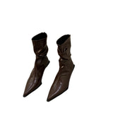 Temperament High Heel Thin Short Boots Women's Shoes 2024 New Brown Autumn And Winter Plus Velvet Pointed Boots Small Bare