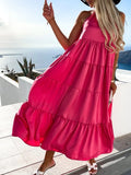 Ladies Summer Sleeveless Beach Dress Spring Solid Simple Pleated Bohemian Dress Women's New Round Neck Loose A-Line Long