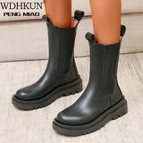 Chelsea Boots Chunky Boots Women Winter Shoes PU Leather Plush Ankle Boots Black Female Autumn Fashion Platform