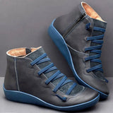 2022 New Women's Casual Flat Leather Retro Lace-up Boots Side Zipper Round Toe Shoe Leather Ankle Boots Zapatos Mujer Wram