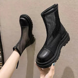 Mesh Boots Women Fashion Lace Up Ankle Boots Woman Shoes Black Sandals Hollow Breathable Zipper Socks Boots Square
