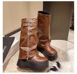 Breakj Bottom Big Head Trouser Boots Women 2025 Autumn And Winter New Pine Cake With But Knee Fashion Belt Buckle Knight